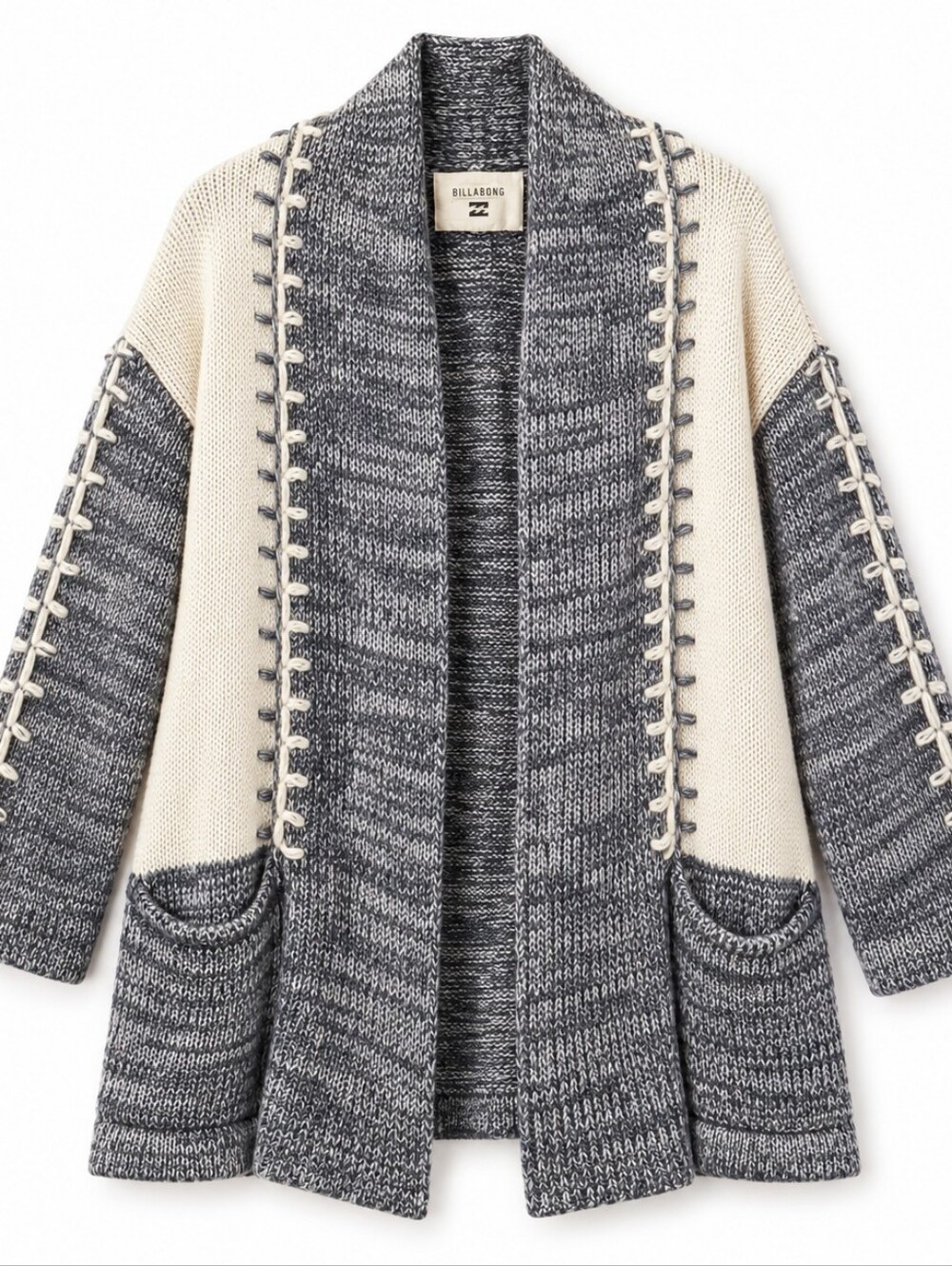 Billabong Gray Cream Marled Open Front Cardigan Sweater